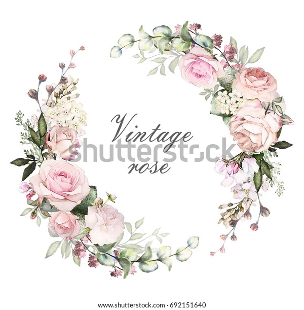 复古卡 水彩婚礼邀请设计与粉红玫瑰 花蕾 叶子 花 背景与花卉元素的文本 水彩背景 模板 花圈 圆框库存插图