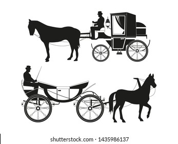 Vintage Carriages With Horses. Pictures Of Retro Fairytale Transport. Illustration Antique Carriage, Stagecoach With Coachman Black Silhouette