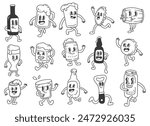 Vintage Cartoon Collection of Beer Bottles, Cans, and Glasses - Retro Style Illustrations with Cheerful Characters for Craft Beer, Brewery, and Beverage Branding