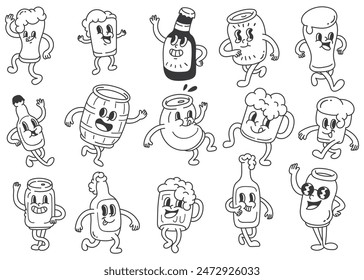 Vintage Cartoon Collection of Beer Bottles, Cans, and Glasses - Retro Style Illustrations with Cheerful Characters for Craft Beer, Brewery, and Beverage Branding - Powered by Shutterstock