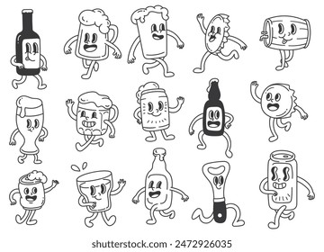 Vintage Cartoon Collection of Beer Bottles, Cans, and Glasses - Retro Style Illustrations with Cheerful Characters for Craft Beer, Brewery, and Beverage Branding - Powered by Shutterstock