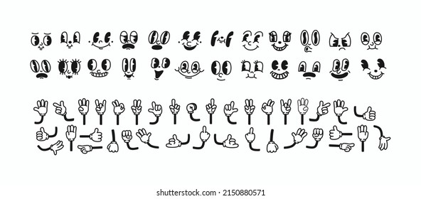 Vintage Cartoon Faces And Hands In Gloves And Feet In Shoes. Cute Animation Character Body Parts. Comics Arm Gestures And Walking Leg Poses Set. Different Foot Movements And Positions