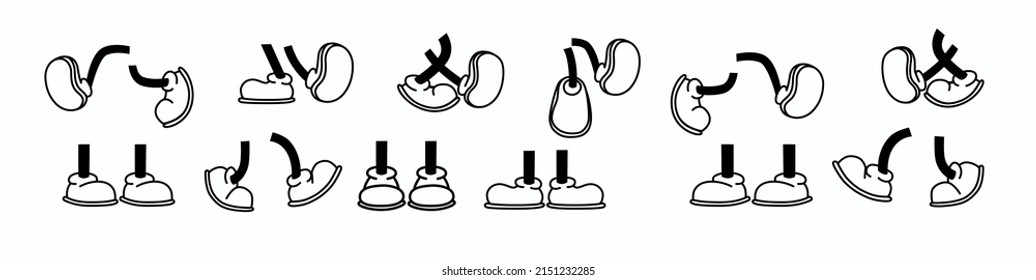 Vintage Cartoon Feet In Shoes. Cute Animation Character Body Parts. Comics Arm Gestures And Walking Leg Poses Set. Different Foot Movements And Positions