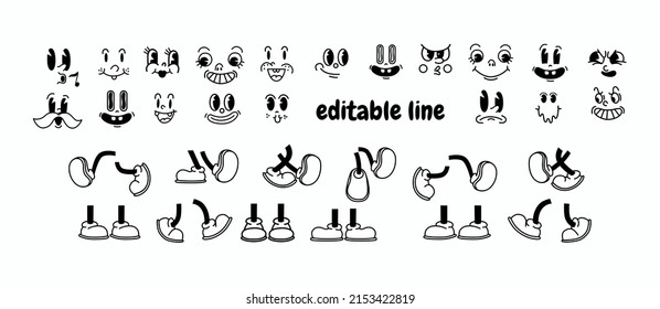 Vintage Cartoon Feet In Shoes. Funny Faces. Cute Animation Character Body Parts. Comics Arm Gestures And Walking Leg Poses Set. Different Foot Movements And Positions, Cheerful Emotions