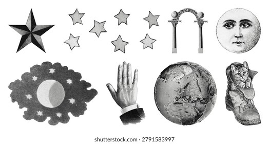 Vintage celestial collage elements illustration set isolated on white.