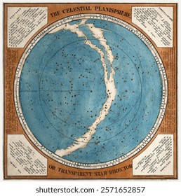 Vintage celestial map with star constellations. Celestial planisphere showcasing constellations. Antique star map, celestial and constellations focus. Vintage astronomy drawing illustration.