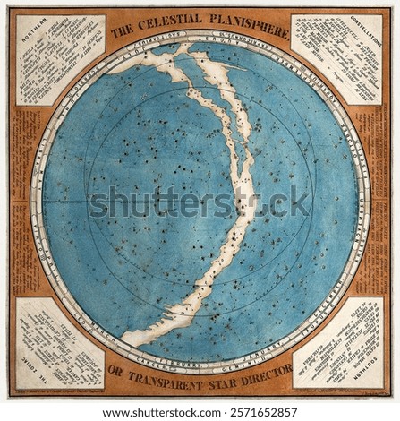 Vintage celestial map with star constellations. Celestial planisphere showcasing constellations. Antique star map, celestial and constellations focus. Vintage astronomy drawing illustration.