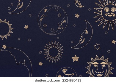 Vintage celestial pattern with sun, moon, stars, gold illustration background. Sun, moon, stars, celestial vintage pattern wallpaper, black background. Vintage celestial sky pattern, black and gold