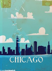A Vintage Chicago Travel Vacation Poster Art Featuring A Skyline Illustration Of The Famous City.