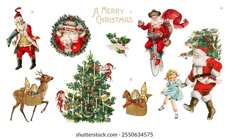 Vintage Christmas collage with Santa, Christmas tree, and festive decorations. Santa, tree, and holiday cheer. Santa and tree bring Christmas joy. Holiday illustration set isolated on white. - Powered by Shutterstock