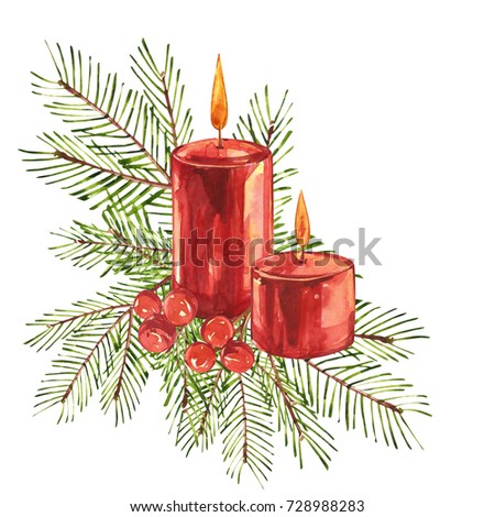 Vintage Christmas illustrations. Christmas candle, tree and decorations. Watercolor design isolated on white background.