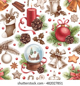 Vintage Christmas Pattern. Illustrations Of Christmas Decorations