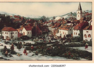 Vintage Christmas Postcard Village Scene Snow Winter Victorian Themed 3d Illustration