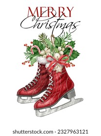 Vintage Christmas red ice skates poster, watercolor floral sketes, winter Holiday essentials,rustic ice skates decor ,traditional xmas,winter bouquet,pine cone, white and red berries, holly leaves