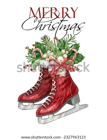 Vintage Christmas red ice skates poster, watercolor floral sketes, winter Holiday essentials,rustic ice skates decor ,traditional xmas,winter bouquet,pine cone, white and red berries, holly leaves