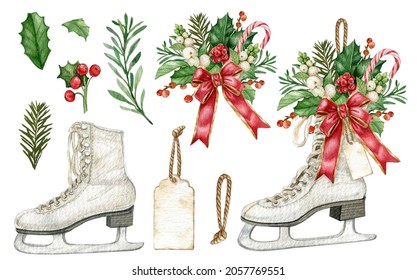 Vintage Christmas White Ice Skates,watercolor Floral Sketes,winter Holiday Essentials,rustic Ice Skates Decor ,traditional Xmas,winter Bouquet,candy Cane, Red Berries, Holly Leaves,tag Lable