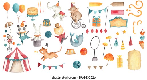 Vintage Circus animals watercolor illustration with tent, panda, rabbit, mouse in red and blue 