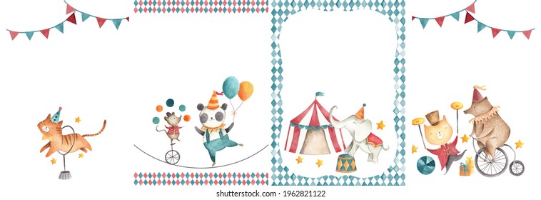 Vintage Circus animals watercolor illustration invitation frame template bear, tiger, panda, mouse, tent in red, blue and yellow 
