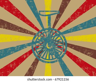 Vintage Circus Background With Unicycle In Tan, Brown, Red, Teal And Yellow.