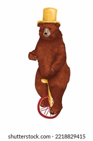 Vintage Circus Brown Bear Illustration Isolated On White Background. Bear With Top Hat Riding A Unicycle. Circus Party Hand Drawn Illustration. Old Fashioned Brown Bear Sketch.