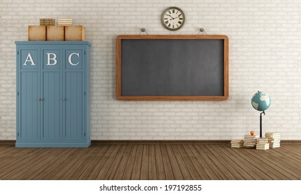 Vintage Classroom With Blackboard And Wooden Cabinets - Rendering