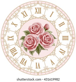 Vintage clock face and hand drawn colorful roses   curly design elements  Shabby chic illustration