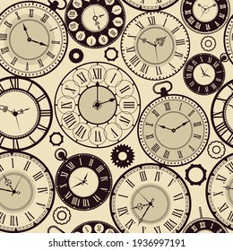 Vintage clock pattern. Old retro watches seamless background fast time concept