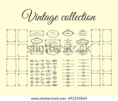 Vintage collection. Frames, calligraphic borders, dividers, vignettes and flourishes icons