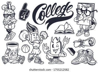 Vintage College Cute Characters Set With Bottle In Paper Bag Funny Notebook Drunk Cup Brush Cheerleader Condom Devil Fan Glove Sneakers Diploma Scroll Isolated Illustration