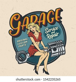 Vintage colorful garage repair service logo with pinup attractive woman sitting on engine piston isolated illustration