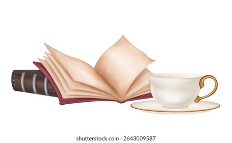 Vintage composition from an open empty book, a personal diary, a notebook and a tea cup. Ancient literature, study, teaching, writing, and history. Isolated illustration.