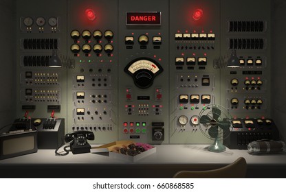 Vintage Control Room Panel With Lots Of Lights, Gauges, Knobs And Buttons Showing Danger Warnings. 3D Illustration