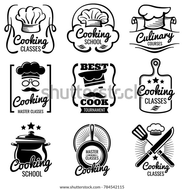 キッチンクラスのビンテージ料理のシルエットラベル 調理室の装飾 グルメのロゴコレクション 学校や授業用の料理ラベルのイラスト のイラスト素材