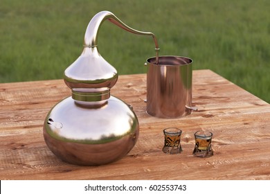 Vintage Copper Home Distilling Still Pot Or Alembic With Two Glasses Of Whiskey On Wooden Table. 3d Render