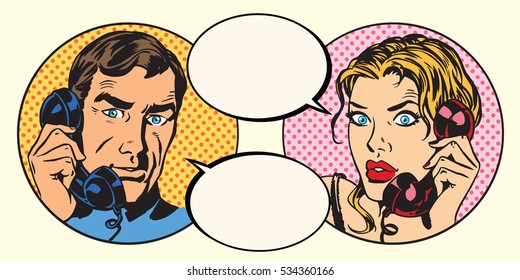 Vintage Couple Man And Woman Talking On The Phone Pop Art Retro 