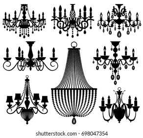 Vintage crystal chandeliers silhouettes isolated on white. Black silhouette chandelier with candle illustration