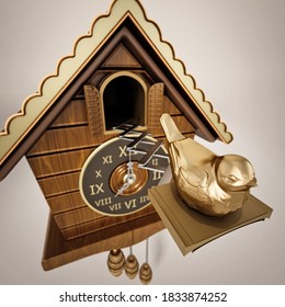 Vintage Cuckoo Clock With The Golden Bird Chirping. 3D Illustration.