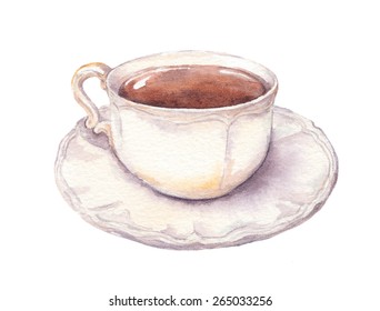 Vintage Cup And Saucer In Provence Style With Tea Or Coffee. Watercolor 