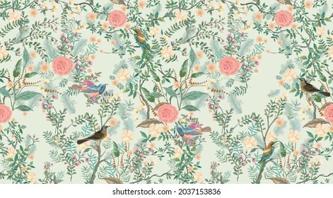 Vintage Decorative Garden Seamless Pattern For Wallpaper. Traditional Flower And Bird Chinoiserie Illustration