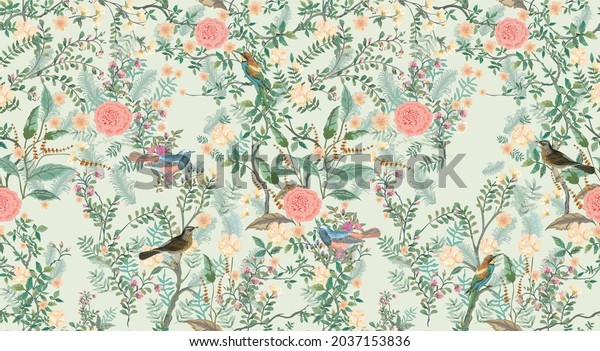Vintage decorative garden seamless pattern for wallpaper. Traditional flower and bird Chinoiserie illustration