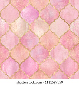 Vintage decorative moroccan seamless pattern with gold line. Watercolor hand drawn light pink background. Watercolour geometrical oriental elements texture. Print for textile, wallpaper, wrapping.
