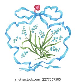 Vintage design and blue ribbon  bow  red heart   bouquet and blue forget  me  nots flowers  For greeting cards  arts decoration  Watercolor hand drawn painting illustration white background 