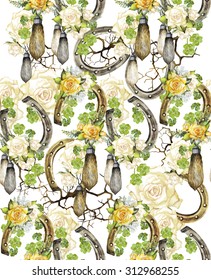 Vintage design with horseshoes, rabbit foots,roses and clover. Watercolor seamless pattern