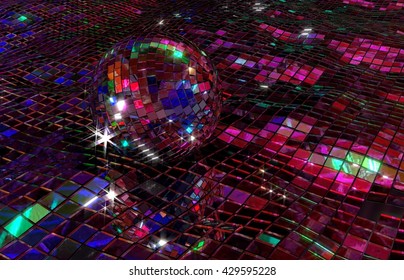 Vintage discoball on mirror floor. waves of shiny mirrors at night. abstract 3D illustration background.