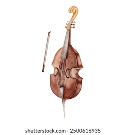 Vintage Double Bass musical instrument. Classical viola da gamba with a string bow clip art. Hand drawn watercolor illustration isolated on white background. For concert posters, flyers, wedding cards - Powered by Shutterstock