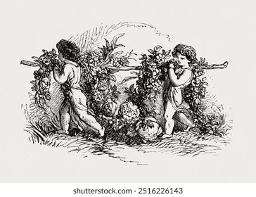 Vintage drawing of children. Children carrying plants in the garden, vintage illustration by François-Frédéric Grobon. Les roses: Vintage drawing illustration, old vintage art print. - Powered by Shutterstock