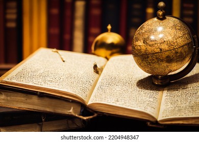 Vintage Drawing Of A Wooden Globe Placed On An Old Handwritten Book, In A Bibliophile's Library, Illustration 3D