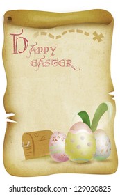 Vintage Easter Themed Illustration with Eggs with Treasure Chest and text Happy Easter. Easter Sunday Concept isolated on white.