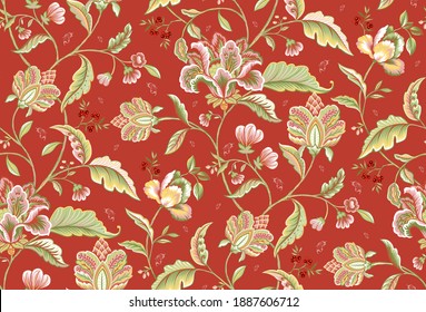 Vintage English Floral Wallpaper with cute butterfly on Coloured Background, Botanical composition abstract background for wallpaper, greeting card, textile and digital print - Illustration