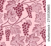 Vintage engraved grape seamless pattern with leaves on pastel background